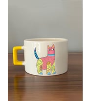Sarı Pembe Kedi Baskılı Sarı Kulplu C Kupa (Beyaz)