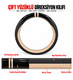 Toyota Corolla Fielder Dikme Direksiyon Kılıfı Parlak Siyah Bej Detaylı Bej Çift Yüzük ve Dikiş 2004-2006