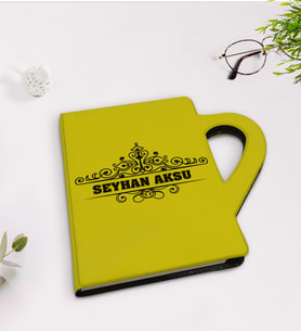 BK Gift Kişiye Özel İsimli Kupa Şeklinde Sarı Termo Deri Defter Model 32