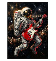 Gitar Çalan Astronot Uzayda Dekoratif Kanvas - Mdf Ahşap Tablo