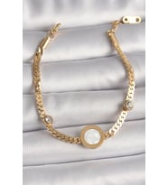 316L Çelik Gold Renk Yassı Zincir Model Zirkon Taş Detaylı Beyaz Mineli Madalyon - HEP-4231-836