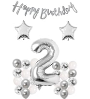 Gümüş Konsept Doğum Günü Kutlama Seti Beyaz Gümüş Konfetili Balon Rakam Yıldız Folyo Ve Banner