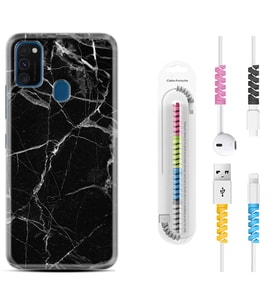 Samsung M21 M22 M23 M30 M31S M32 Kılıf Kablo Koruma Spiral Silikon Fragile Black Mermer 1378