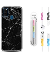 Samsung M21 M22 M23 M30 M31S M32 Kılıf Kablo Koruma Spiral Silikon Fragile Black Mermer 1378
