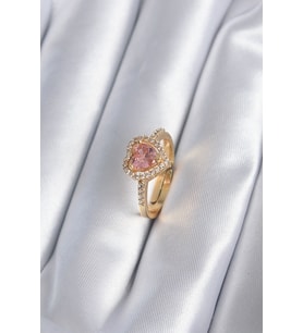 Pirinç Gold Renk Pembe Zirkon Taş Kalp Charm Model Kadın Yüzük TJ-BYK2860