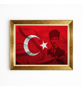 Tablore Mustafa Kemal Atatürk Ve Türk Bayrağı Temalı Altın Çerçeveli Kanvas Tablo Ofis Ev Hediyesi