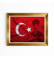 Tablore Mustafa Kemal Atatürk Ve Türk Bayrağı Temalı Altın Çerçeveli Kanvas Tablo Ofis Ev Hediyesi