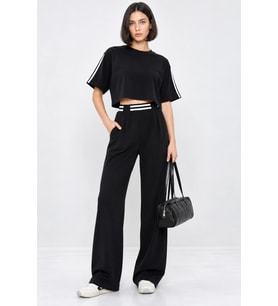 Kadın Spor Şık Çizgi Detaylı Crop Bluz Ve Yüksek Bel Modal Takım - Siyah