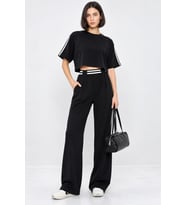 Kadın Spor Şık Çizgi Detaylı Crop Bluz Ve Yüksek Bel Modal Takım - Siyah