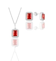 Söğütlü Silver Gümüş rodyumlu kırmızı taşlı baget kesim ikili set