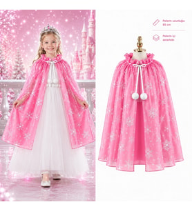 Kar Tanesi Desenli Pembe Elsa Pelerini - Astarlı Frozen Pelerini 85 Cm
