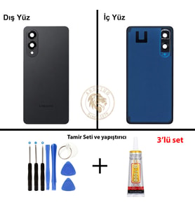 Samsung Galaxy S25 Edge Siyah Renk Lensli Arka Kapak + Tamir Seti + B7000 Yapıştırıcı Arka Cam Batarya Kapağı Pil Kapağı Lazer Kesim Back Cover Galaxy S25 Edge Uyumlu