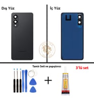 Samsung Galaxy S25 Edge Siyah Renk Lensli Arka Kapak + Tamir Seti + B7000 Yapıştırıcı Arka Cam Batarya Kapağı Pil Kapağı Lazer Kesim Back Cover Galaxy S25 Edge Uyumlu
