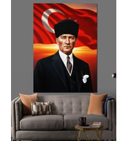 Atatürk Portresi Bayrak Kırmızı Dekoratif Kanvas - Mdf Ahşap Tablo