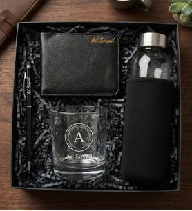 Gentleman Prestige Hediye Seti (Kişiye Özel İsim Baskılı Viski Kadehi & Erkek Cüzdan & Touchpen Kalem & Kılıflı Cam Matara Hediye Seti) (Siyah)