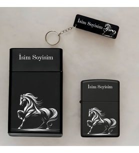 At Horse Desenli Kişiye Özel İsimli Çakmak,Metal Tabaka ve Anahtarlık Seti - 3'lü Hediye Set SMP13
