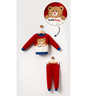 Teddy Bear Görselli Erkek Bebek & Çocuk Polar Kışlık Alt Üst Takım-Kırmızı