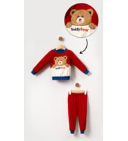 Teddy Bear Görselli Erkek Bebek & Çocuk Polar Kışlık Alt Üst Takım-Kırmızı
