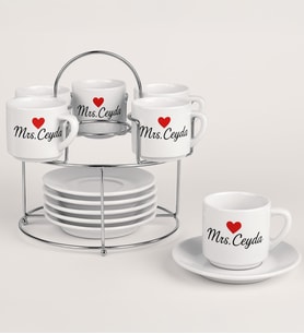 BK Gift Kişiye Özel İsimli 6'lı Metal Standlı Türk Kahvesi Fincanı-1, Anneye Hediye, Anneler Günü Hediyesi