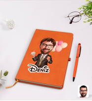 BK Gift Kişiye Özel Erkek Doğum Günü Karikatürlü Turuncu Termo Deri Defter Kalem Seti Model 3