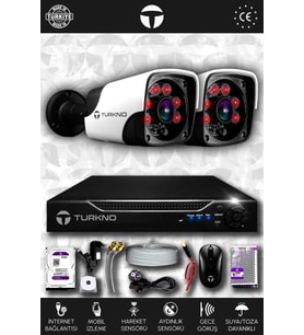 TURKNO 2 Kameralı Pania 2 Dış Kamera Set 2 TB HDD Full HD Gece Görüşlü Güvenlik Kamerası Sistemi