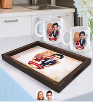 BK Gift Kişiye Özel İsimli Sevgililer Karikatürlü Doğal Ahşap Tepsi ve 2’li Kupa Bardak Seti-94