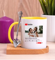 Kişiye Özel Youtube Tasarım Fotoğraflı Ahşap Altlıklı Sarı Kupa Bardak