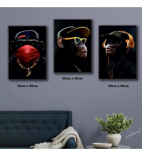 müzik dinleyen kulaklıklı şapkalı maymunlar tablosu 3 adet 35cmx50cm kumaş baskılı canvas tablo