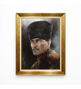 Tablore Mustafa Kemal Atatürk Kalpaklı Portre Tablo - Altın Çerçeveli Yağlı Boya Efektli Kanvas Tablo
