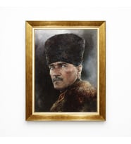 Tablore Mustafa Kemal Atatürk Kalpaklı Portre Tablo - Altın Çerçeveli Yağlı Boya Efektli Kanvas Tablo
