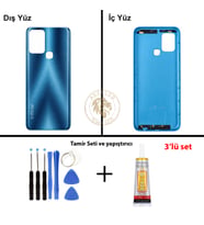 Infinix Hot 10T Mavi Uyumlu Arka Kapak + Yapıştırıcı ve Vida Seti Arka Cam Batarya Pil Kapağı