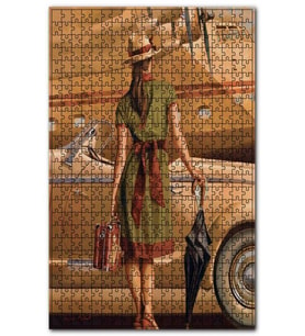 Cakapuzzle Yeşil Elbiseli Kadın Araba ve Uçak Puzzle Yapboz MDF (Ahşap) (120 Parça)