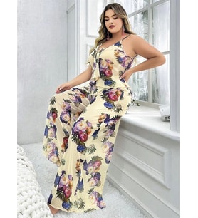Arias Closet Özel Tasarım Büyük Beden Çiçek Desenli İnce Askılı 2'li Pijama Takımı