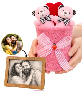Kişiye Özel Karakalem Fotoğraflı Çerçeve ve Premium Pembe Peluş Ayıcık Buketi