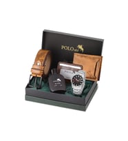 Polo Air Klasik Metal Kasa Erkek Kol Saati Cüzdan Kemer Kartlık Parfüm Seti Gümüş Siyah Kırmızı Taba Renk PL-7093E4