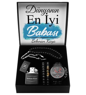 Babalar Gününe Özel Tasarım Kutu & Metal Kordonlu Siyah Spor Saat & İkili Bileklik & Kişiye Özel Çakmak & Tesbih Seti