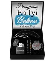 Babalar Gününe Özel Tasarım Kutu & Metal Kordonlu Siyah Spor Saat & İkili Bileklik & Kişiye Özel Çakmak & Tesbih Seti