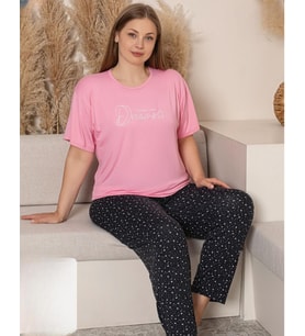 Charme Kadın Büyük Beden Bisiklet Yaka MİLAN Likralı Kısa Kol Pijama Takımı K601/247 - 1 Adet (Pembe)