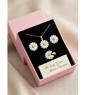 925 Ayar Gümüş Zarif Papatya Kolye Küpe Yüzük Set.rose.gold.rodaj Renk Seçeneği