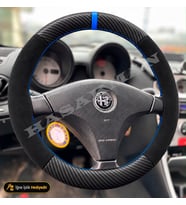 Alfa Romeo 147 Dikme Direksiyon Kılıfı Alcantara Süet Mat Karbon Mavi Yüzük ve Dikiş Progression-Tuşsuz 2000-2005