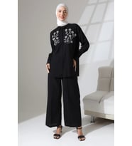 %100 Pamuk Keten Günlük ve Rahat Çiçek Desen Nakışlı Taşlı Gömlek Pantolon Yazlık Alt Üst Takım