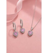 Gümüş Pazarım Pembe Taşlı Kalp Gümüş Set