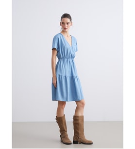 LCWAIKIKI Classic İndigo Kruvaze Yaka Katkat Jean Elbise