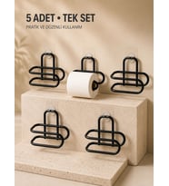 Delmeden Monte Tuvalet Kağıdı Askısı Siyah Metal Yapışkanlı Banyo Kağıtlığı 5’li Set