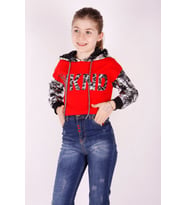 Toontoy Kız Çocuk Kamuflaj Desenli Kapşonlu Sweatshirt (Kırmızı)