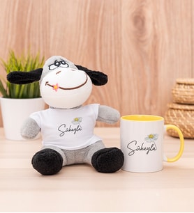 Kişiye Özel Papatya Tasarımlı İsimli Peluş Eşek ve Sarı Kupa