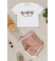Leopar Baskılı Tshirt Şort Alt Üst Takım (Beyaz)