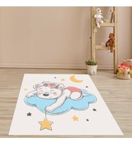 Sweet Dreams Ayıcık Bulut Desen Dijital Baskı Yıkanabilir Kaymaz Taban Leke Tutmaz Çocuk Odası Halıs (Krem)