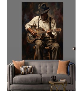 Masasında Gitar Çalan Yaşlı Adam Dekoratif Kanvas - Mdf Ahşap Tablo