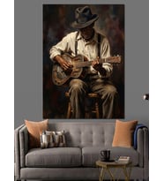 Masasında Gitar Çalan Yaşlı Adam Dekoratif Kanvas - Mdf Ahşap Tablo